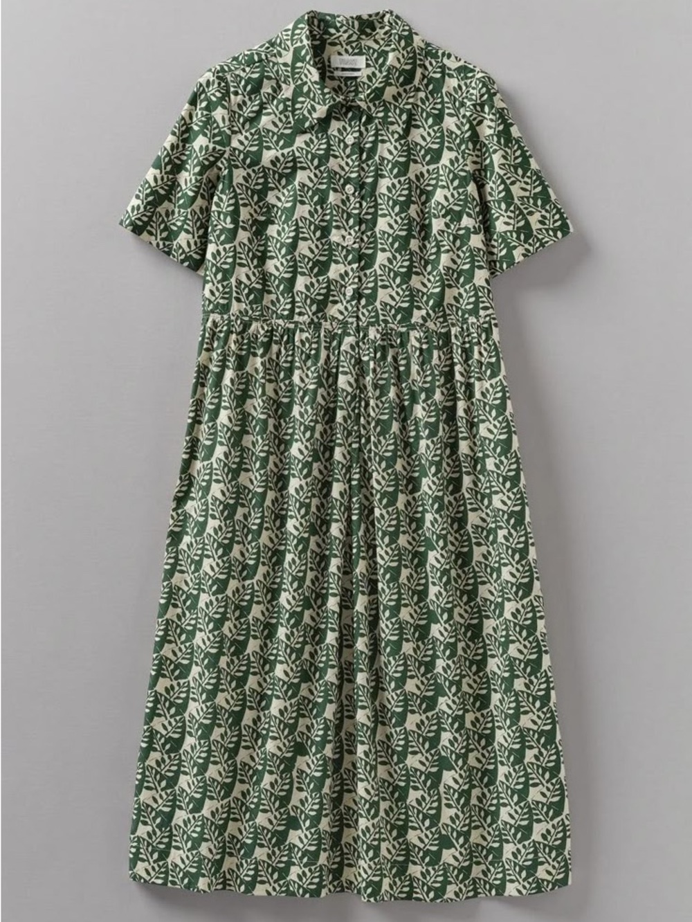 Leaf-Print Collared Midi Dress in Green